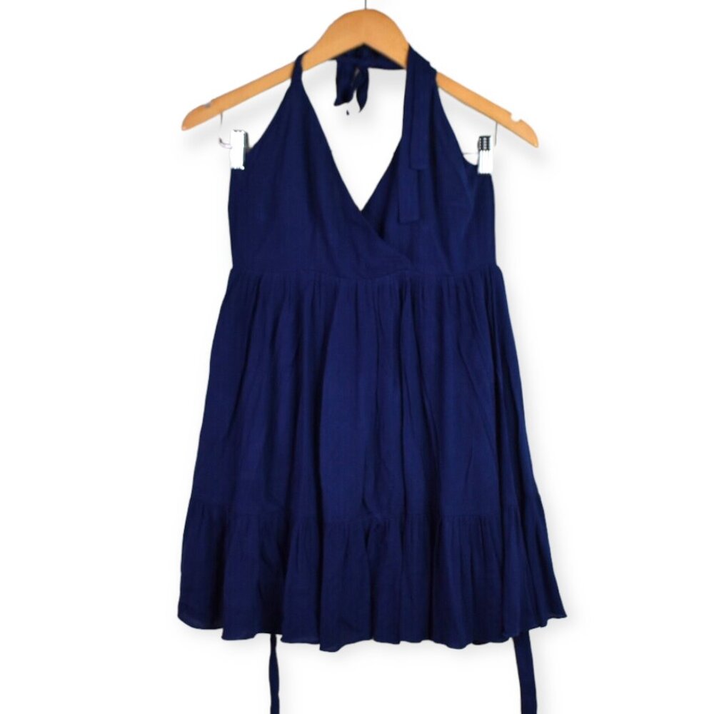 Showpo Dress 4 Womens Navy Blue Mini Tie Neck Back Ruffle Hem Sleeveless